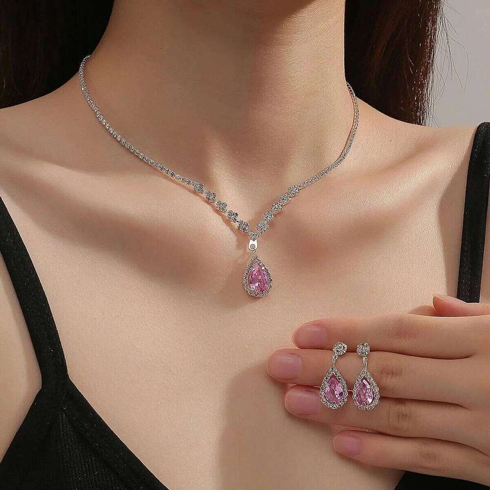 3PC Season Women's Fashion Copper Inlaid Water Drop Necklace Earrings Jewelry Set Wedding Banquet Party Holiday Gift Z260313