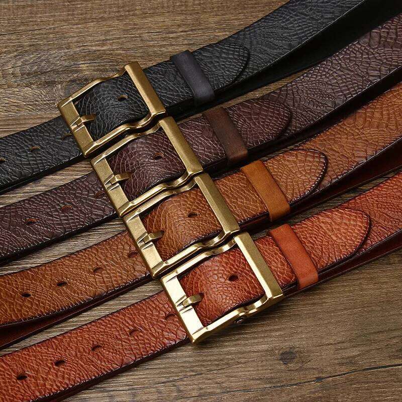 3.8CM Embossing Printing Retro Cowboy Male Cowskin Genuine Leather Heavy Copper Buckle Belt For Jeans Men Waist Z260226