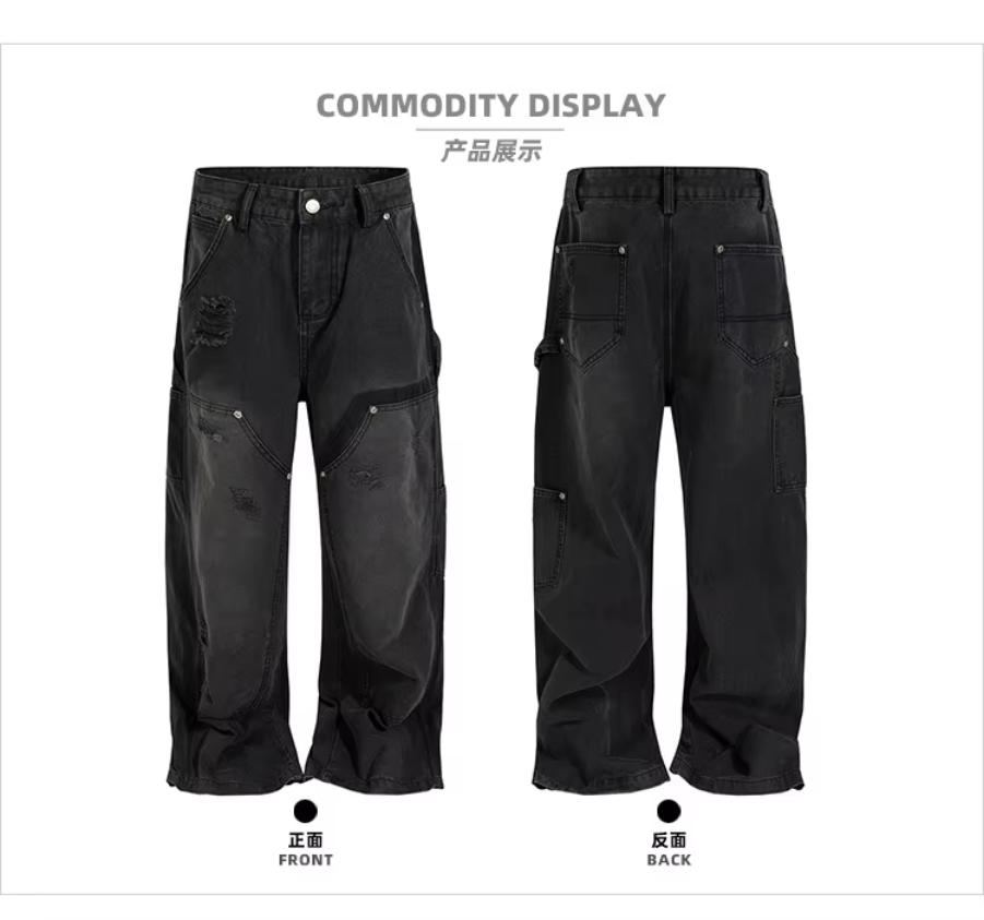 MIJKO Unisex Washed Black Jeans Tie-Dye Faded Pockets Men's And Women's Pants Z039#