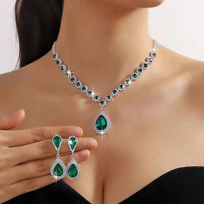 FYUAN Luxury Red Green Blue Crystal Necklace Earrings For Women Water Drop Pendant Wedding Bride Jewelry Sets Z260313