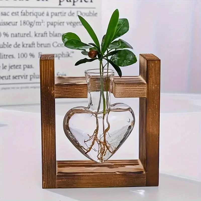 1-pack creative wooden frame hydroponic small vase green spiral pine glass container living room desk home decoration Y260314