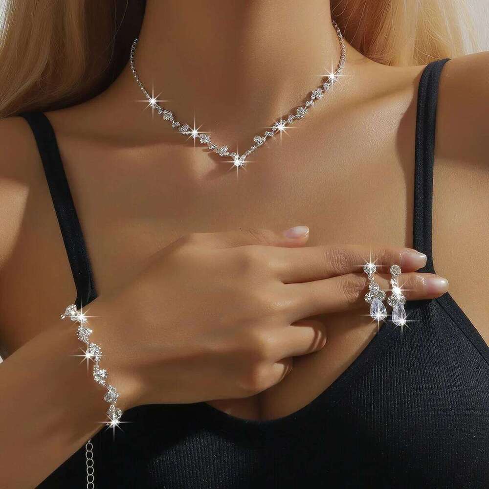 Trending Sparkle Crystal Jewelry Set 3pcs Necklace Bracelet Earrings Choker for Women Party Wedding Daily Wear Z260313