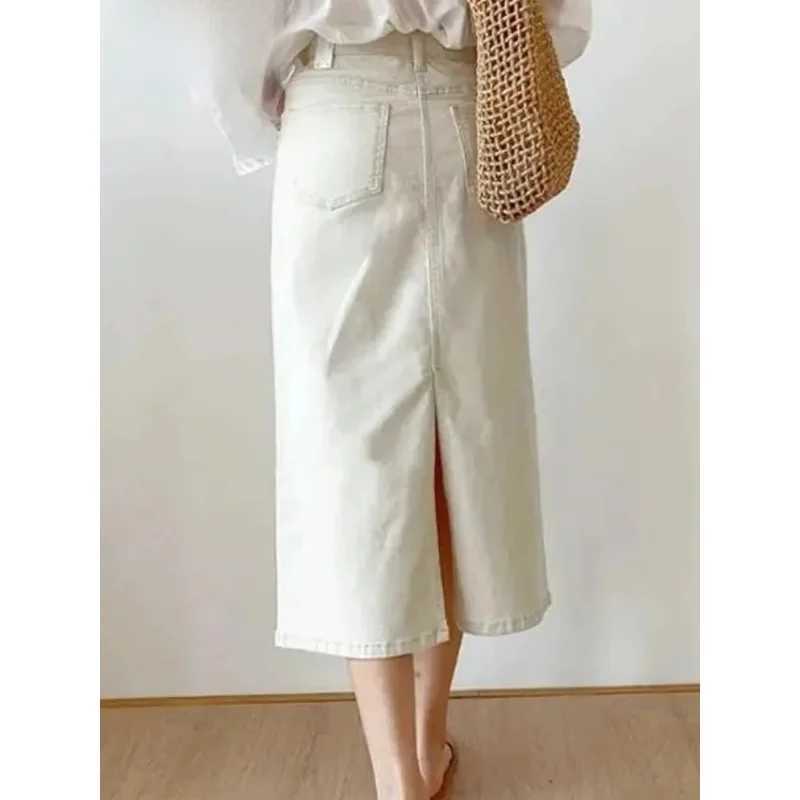 Solid Denim Long Skirts For Women Vintage Casual High Waist Slit A Line Skirts Summer 2025 New Fashion Simple Y2k Skirt Women M260314