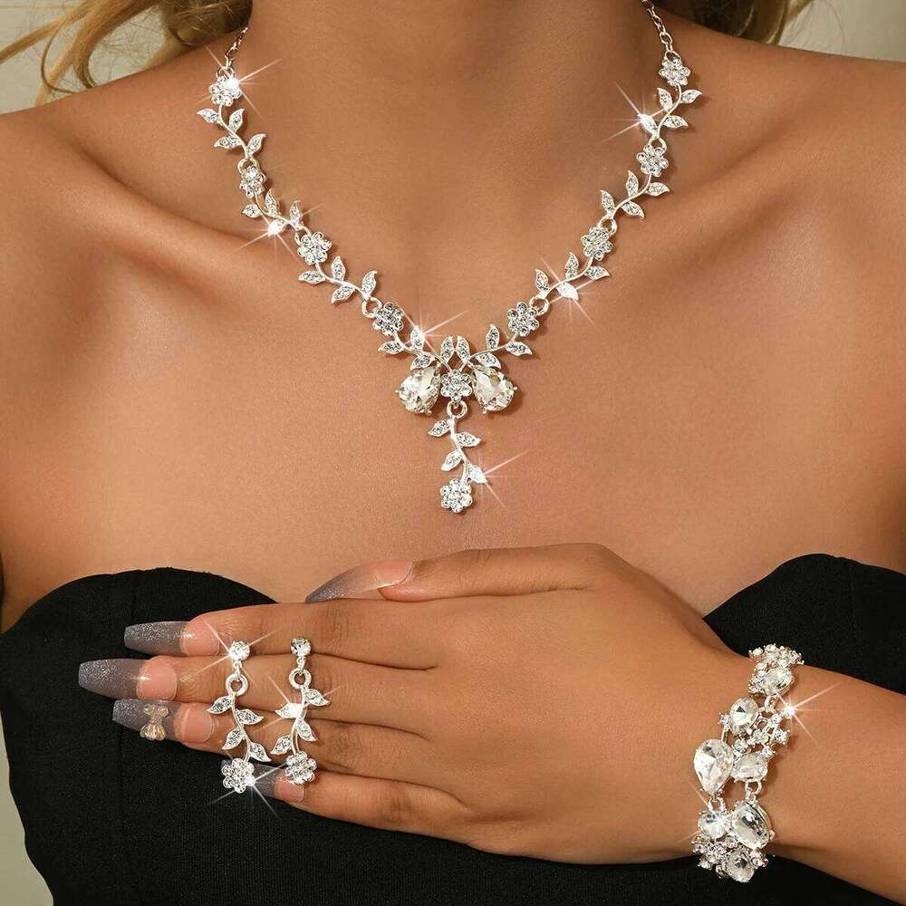 Women's Luxury Crystal Leaf Flower Jewelry Set - Bridal Necklace Earrings Bracelet for Wedding Evening Party Z260313