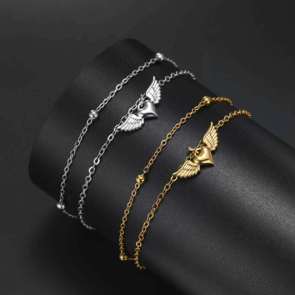 Teamer Heart Wing Charm Bracelet Stainless Steel Gold Color Adjustable Double Layer Beads Chain For Women Girls Trendy Jewelry Z260313
