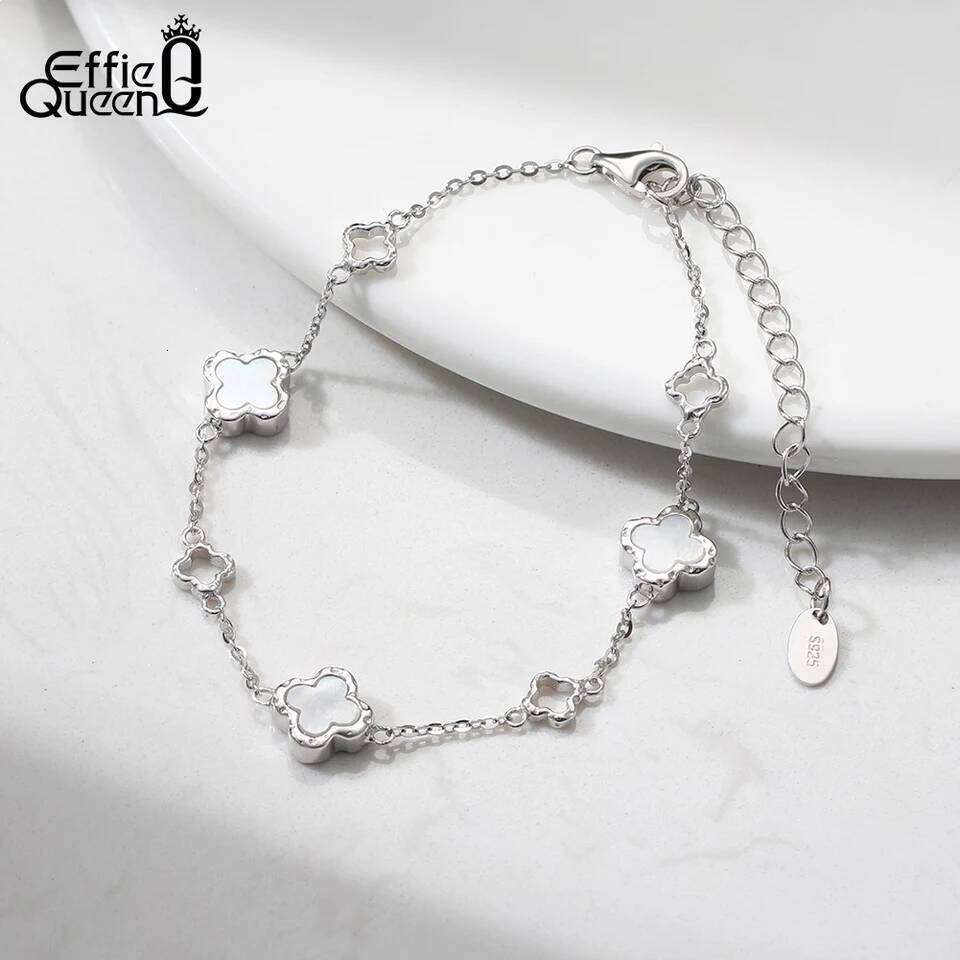 EFFIE QUEEN Chic 925 Sterling Silver White Shell Four-Leaf Clover Bracelet Lucky Symbol Romantic Gift for Casual Wearing GMB68 Z260313