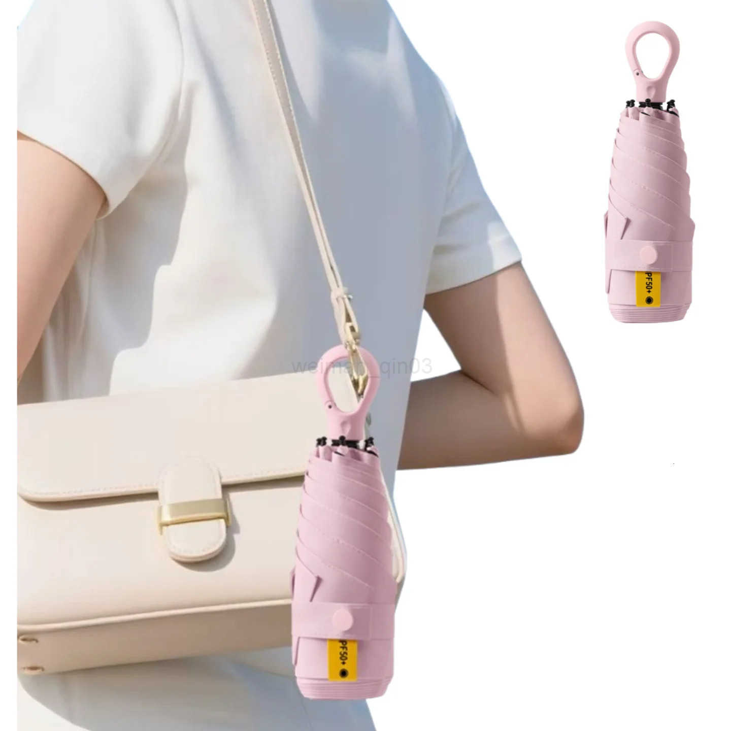 Mini Folding 5-Fold Compact Umbrella with Carabiner Ring Portable Anti UPF 50 UV Sun-Rain Umbrella Lightweight Small H260314