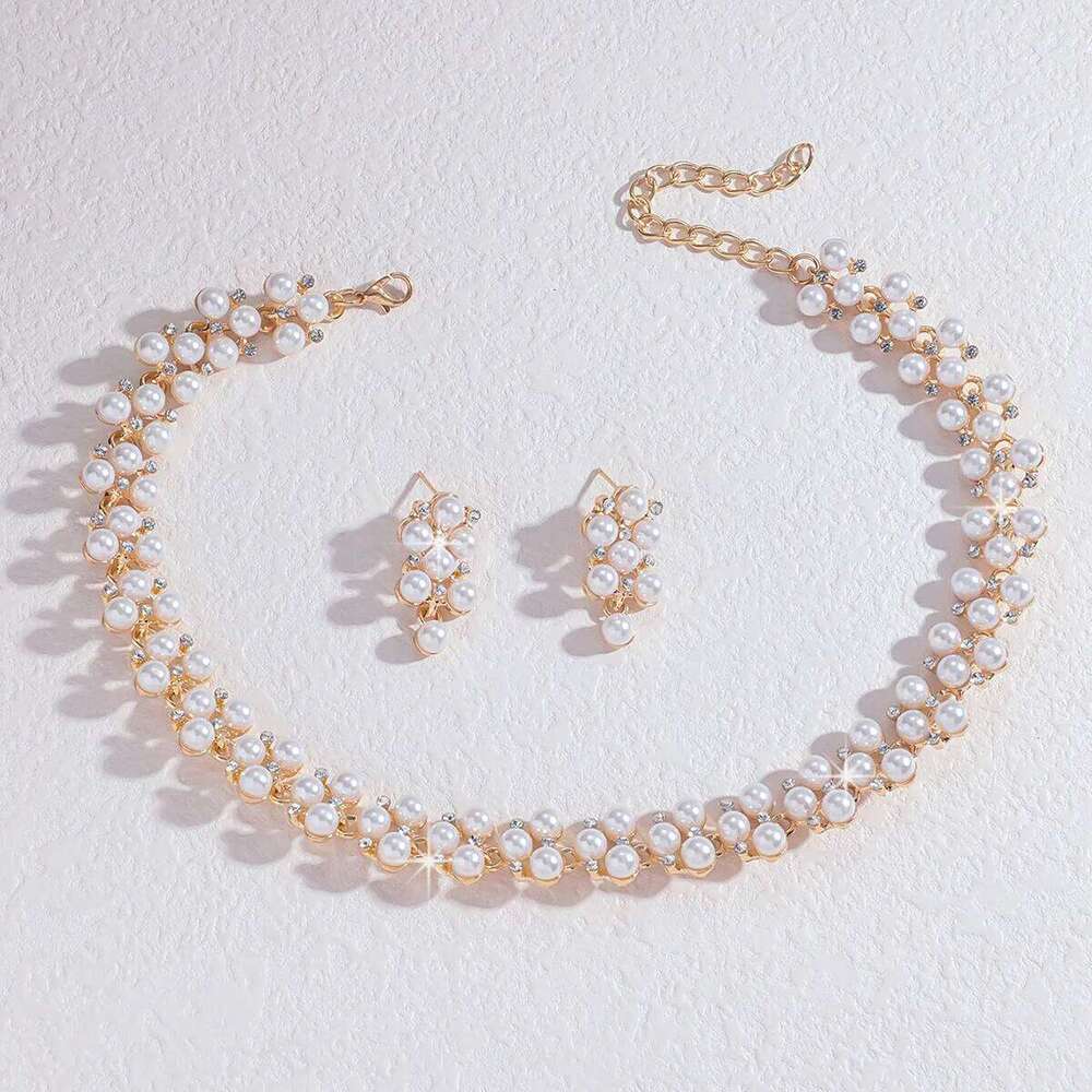 3 pieces of fashionable trendy women's sparkling pearl set, rhinestone necklace, earrings, party and banquet accessories Z260313