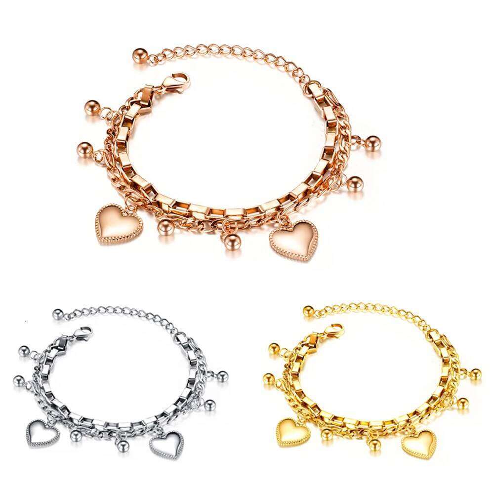New Stainless Steel Girls Bracelets Women Gift Multi-layer Stylish Heart Charm Bracelet Adjustable Best Selling Z260313