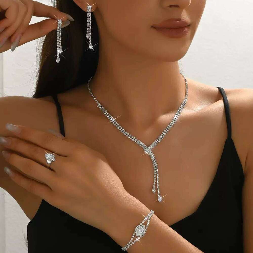 Y-Shape Crystal Jewelry Set 5Pcs Necklace+Bracelet+Earrings+Ring Shiny Silver-Plated for Women Party Wedding Evening Accessori Z260313