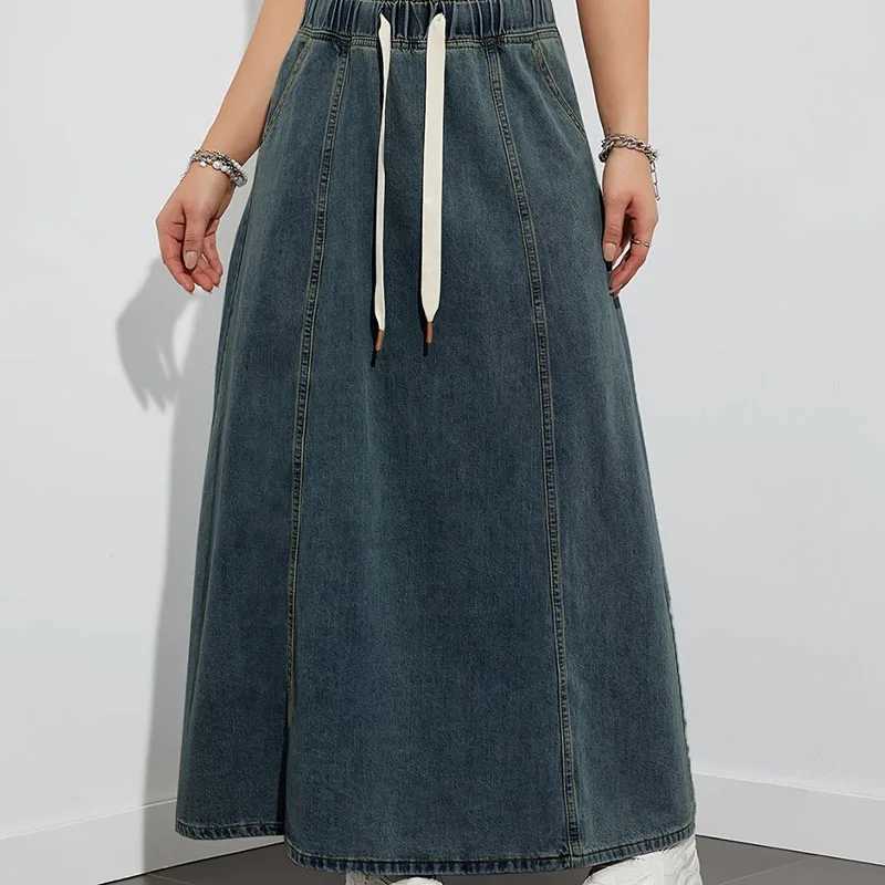 DongCMY Womens Denim Long Skirts Elastic Waist Loose Solid Color High Waist Big Skirt Denim Skirt Women Casual Dress Streetwear M260314