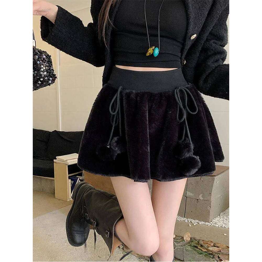 Sweet Preppy Mini Women Autumn Winter Bow Fluff Ball Patchwork Cute Skirts High Waist Loose Casual Kawaii A Line Skirt New Z260314