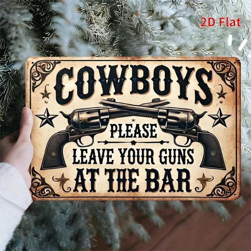 Home Relaxation Cowboys Leave Your Guns at the Bar Metal Sign Rustic Western Wall Art with Revolvers Stars Design Perf D260314