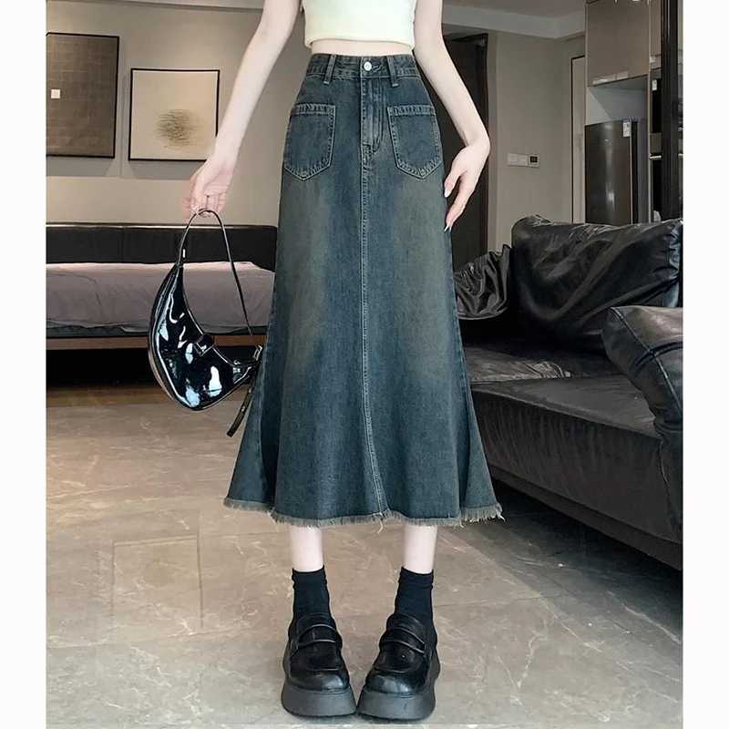 Summer Women High Waist Slim Fit Jeans Skirts s Classic Thin Mid-Long Skirts Lady Chic Korean Raw Edge Denim Dress M260314