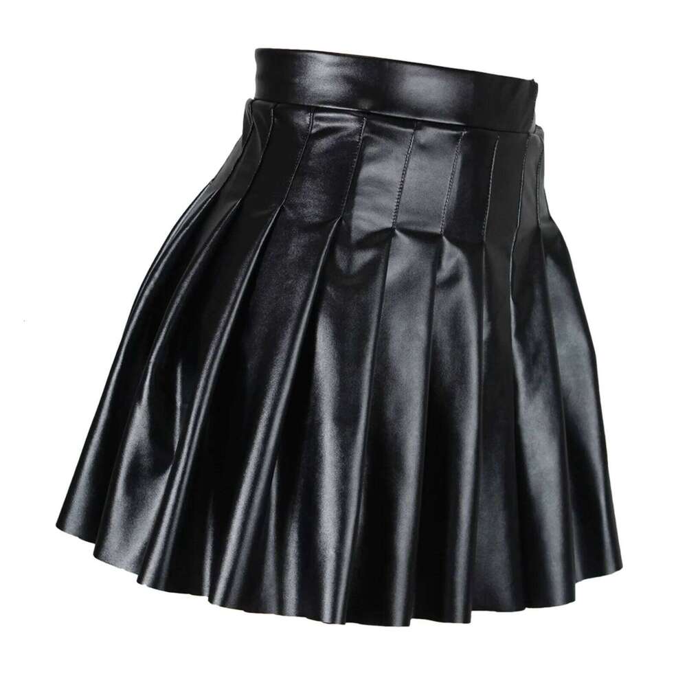Women High Waist A-line Pleated Skirt y2k E Girls Punk Gothic Black Latex Side Invisible Zip Flared Mini Skirts Chic Club Wear Z260314