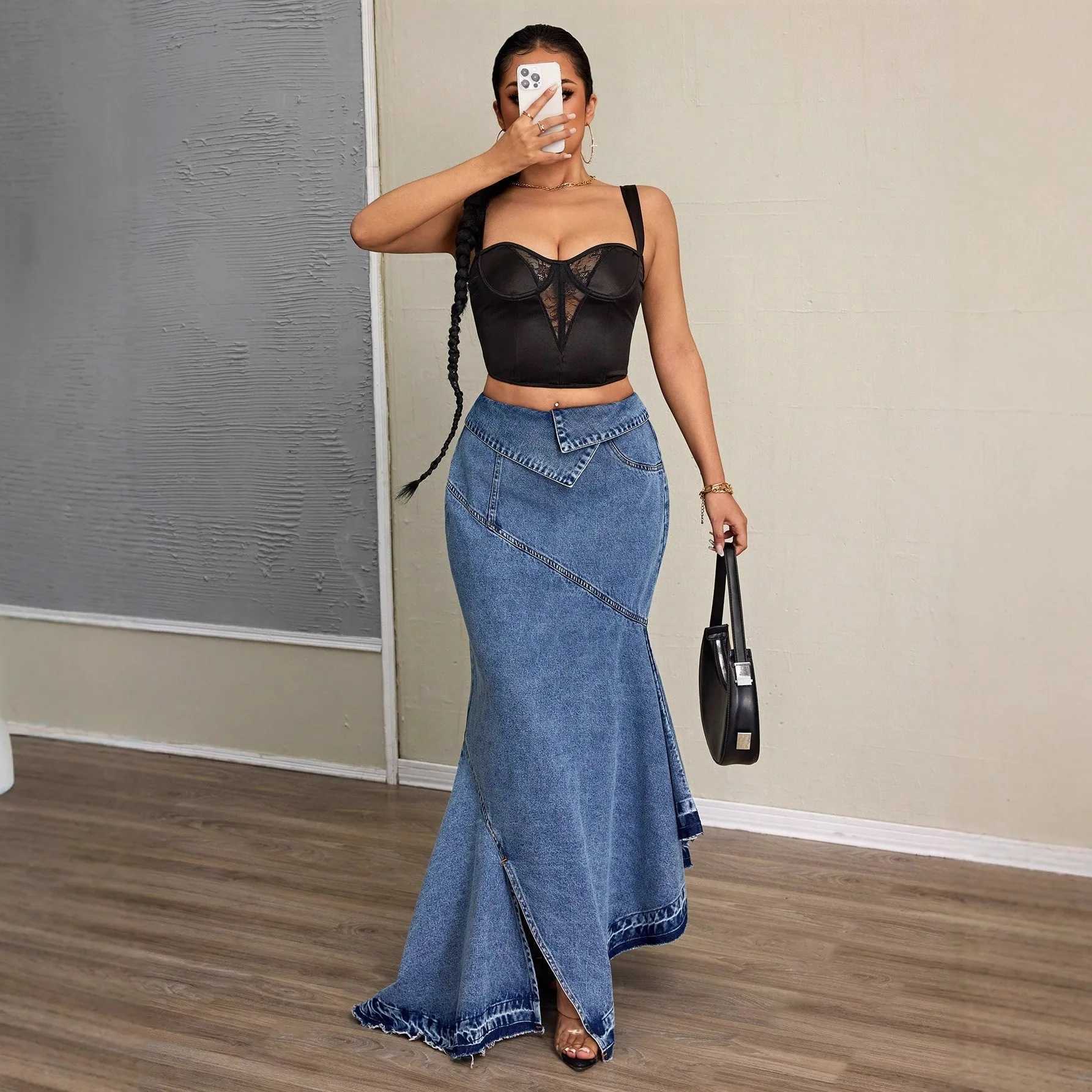 Fashion Denim Skirt Women Autumn High Waist Asymmetrical Slim Solid Color Slit Fishtail Skirt Elegant Commuter Lady Long Skirt M260314