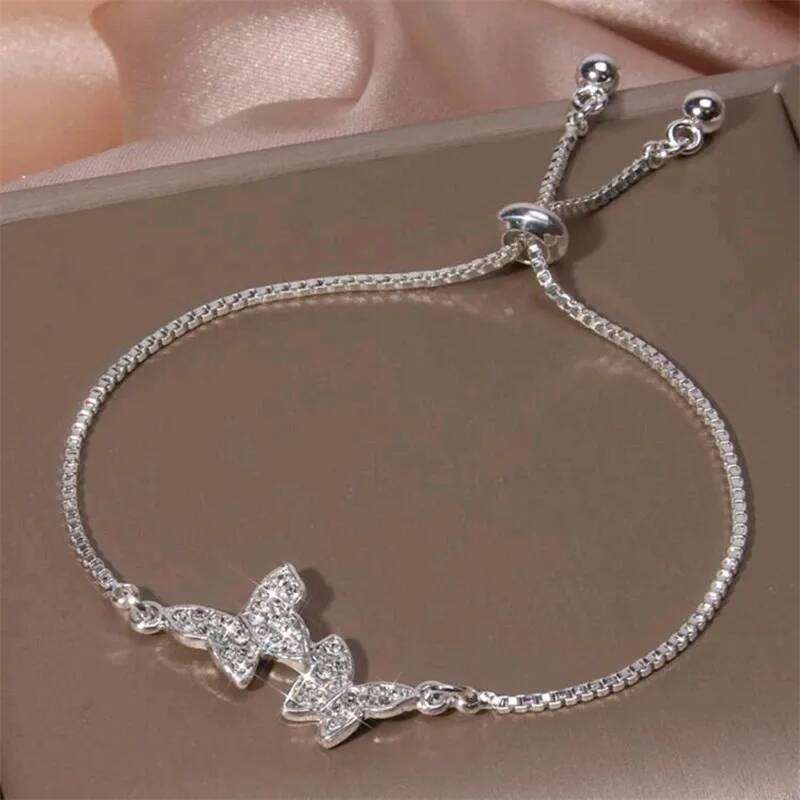 Korean New Luxury Silver Color Crystal Zircon Butterfly Women's Fashion Temperament Flower Adjustable Bracelet Jewelry Z260313
