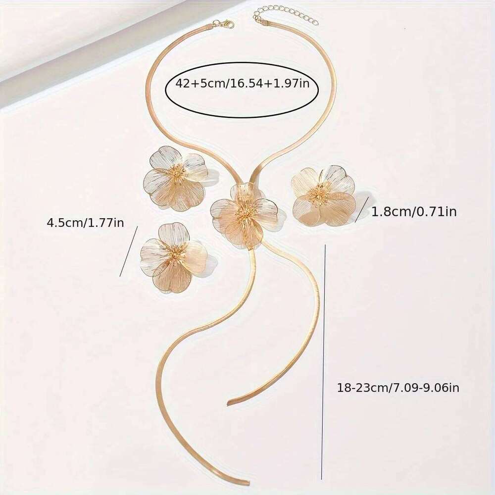 Elegant Women's Flower Jewelry Set Retro Botanical Style Textured Petal Design 3-Piece Accessory with Necklace Earrings And Ring Z260313