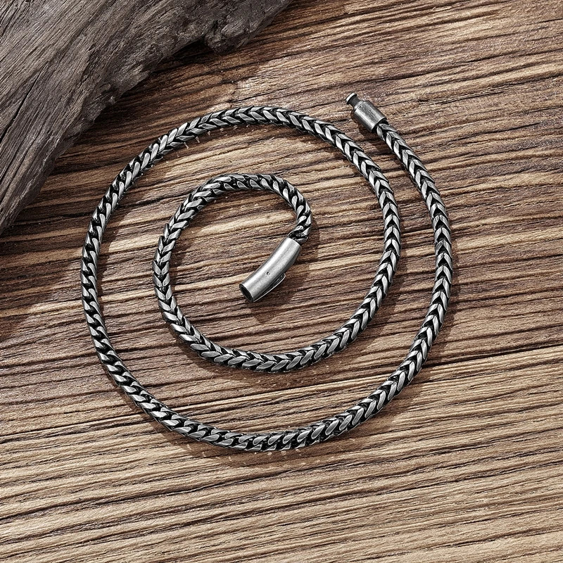 MKENDN Vintage Oxidized Cool Curb Cuban Chain Necklace for Men Stainless Steel Punk Rock Antique Cubic Foxtail Chain Male Gifts 260312