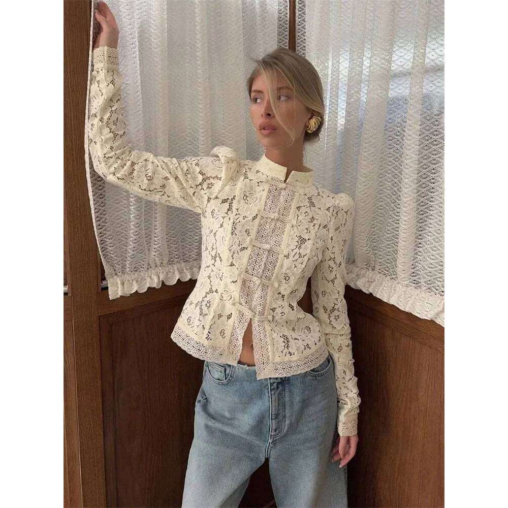 Women White Lace Print Full Sleeve Hollow Out Single Breasted Patchwork Fashion Elegant Casual Shrug Blouse Tops MAKOUFEI