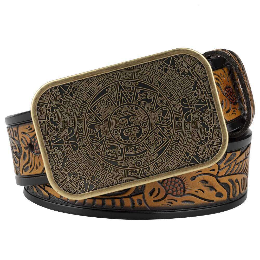 Aztec Calendar Alloy Buckle Eembossed Leather Belt Leisure Fashion Z260226