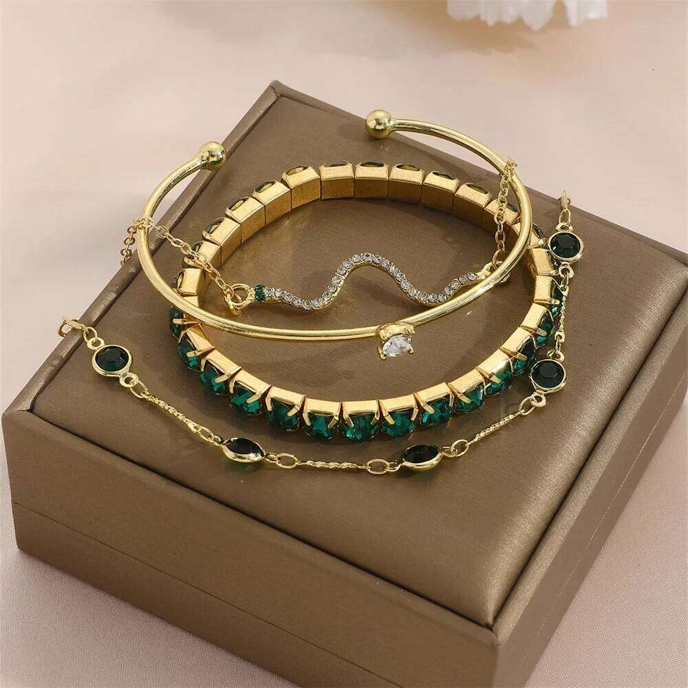 4Pcs/Set Fashion Snake Green Gemstone Bangle Rhinestone Full Metal Bracelet For Women Birthday Party Christmas Gift Jewerly Z260313