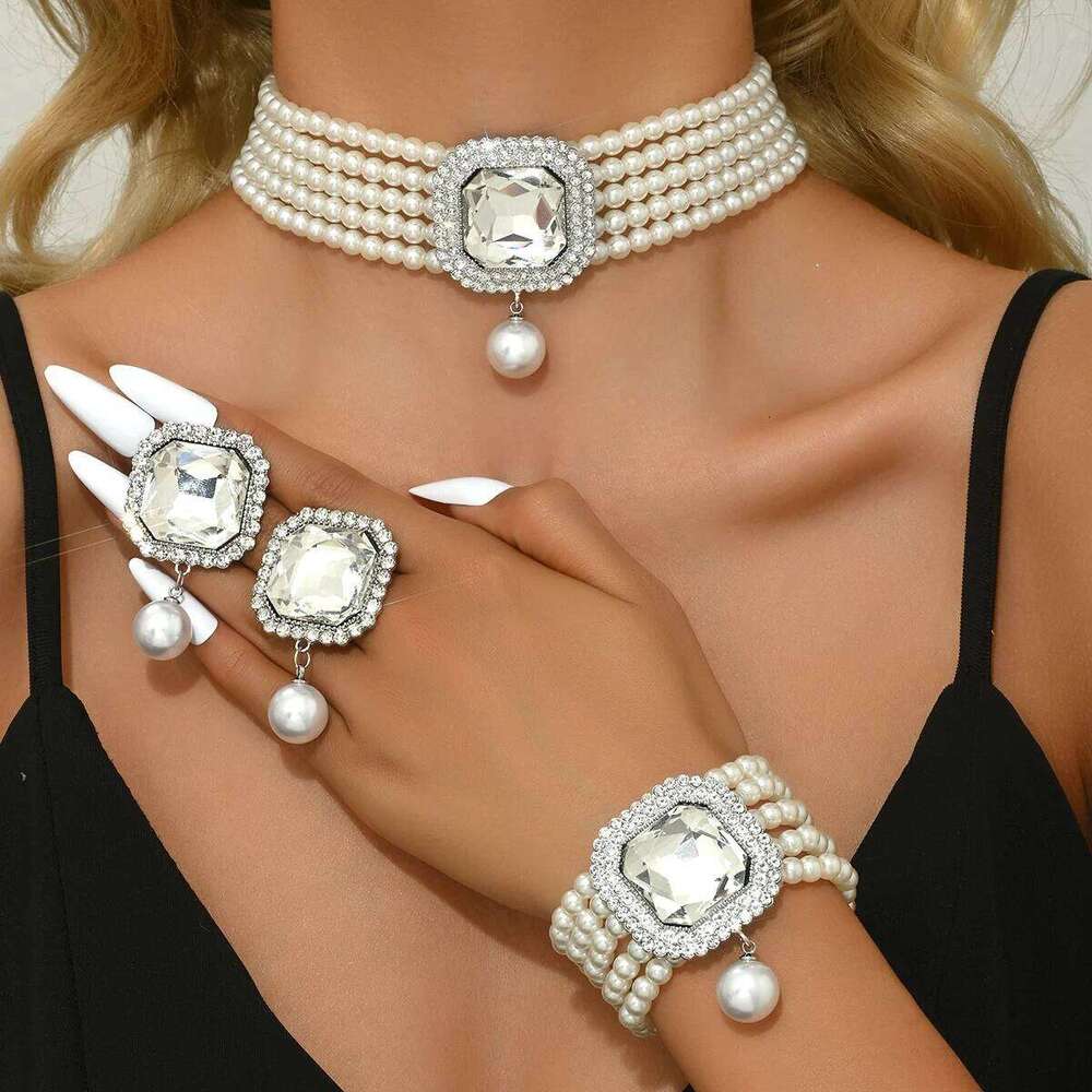 Luxury Pearl Emerald Set for Women Multi-Strand Necklace Bracelet Earrings Daily Party Statement Jewelry Z260313