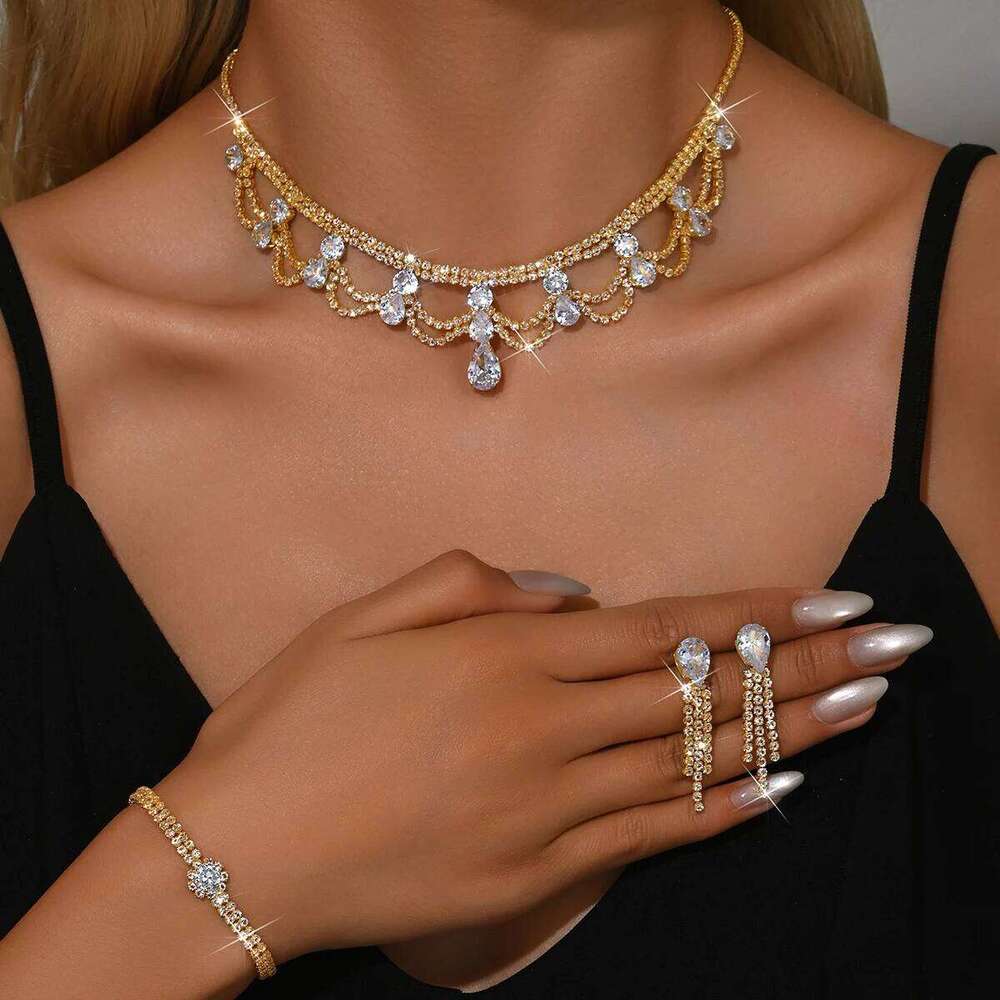 Fashionable Waterdrop Flower Set with Advanced Multi layer Hollow Collarbone Chain Fashion Accessories for Women Z260313