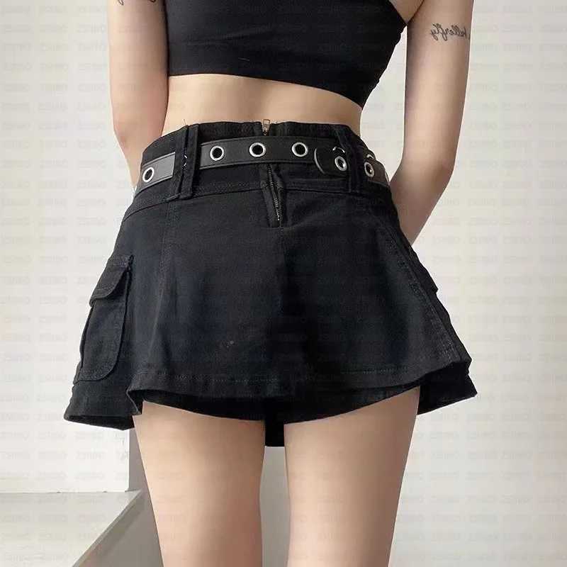 Y2K Solid Color Sexy Charm Pocket Skirt Emo Ruffled Hip Denim Skirt Street Punk Rock College Spice Sweetheart Joker Skirts M260314