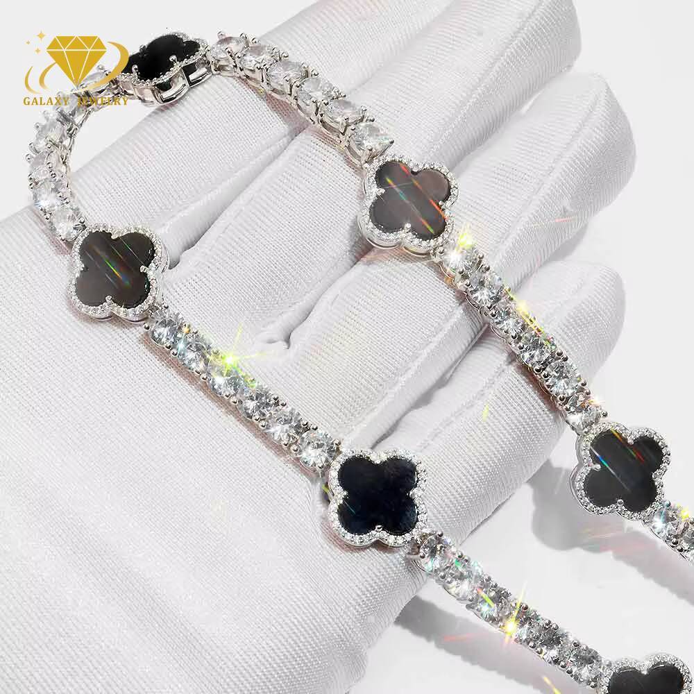 Iced Out Rapper Style Bracelet 925 Sterling Silver Gold Plated VVS Moissanite Clover Tennis Bracelet Necklace 3mm/4mm
