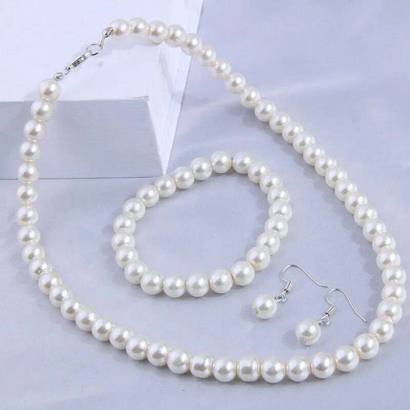3-Piece Faux Pearl Jewelry Set Elegant Beaded Necklace, Bracelet Earrings - Ideal for Parties & Gifts Z260313