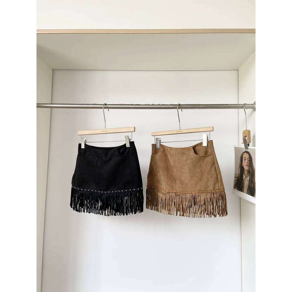 Women's Autumn Winter Rivets Tassels Suede Lady Streetwear High Waist Solid Color Short Skirt Z260314