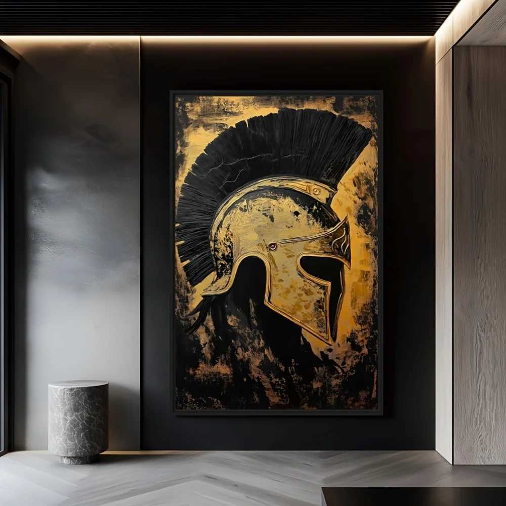 2D Flat 1pc Spartan Helmet Poster - Black and Golden Ancient Greek Battlefield Wall Art - Frameless print with - for Living Roo D260314