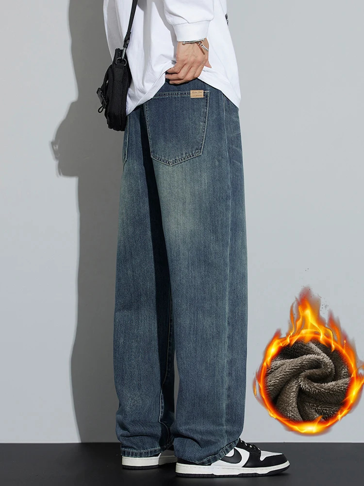 Korean Wide Legs Fleece Jeans Mens Winter Warm Thickened Velvet Loose Straight Casual Denim Pants Korean Fashion Trousers 260311