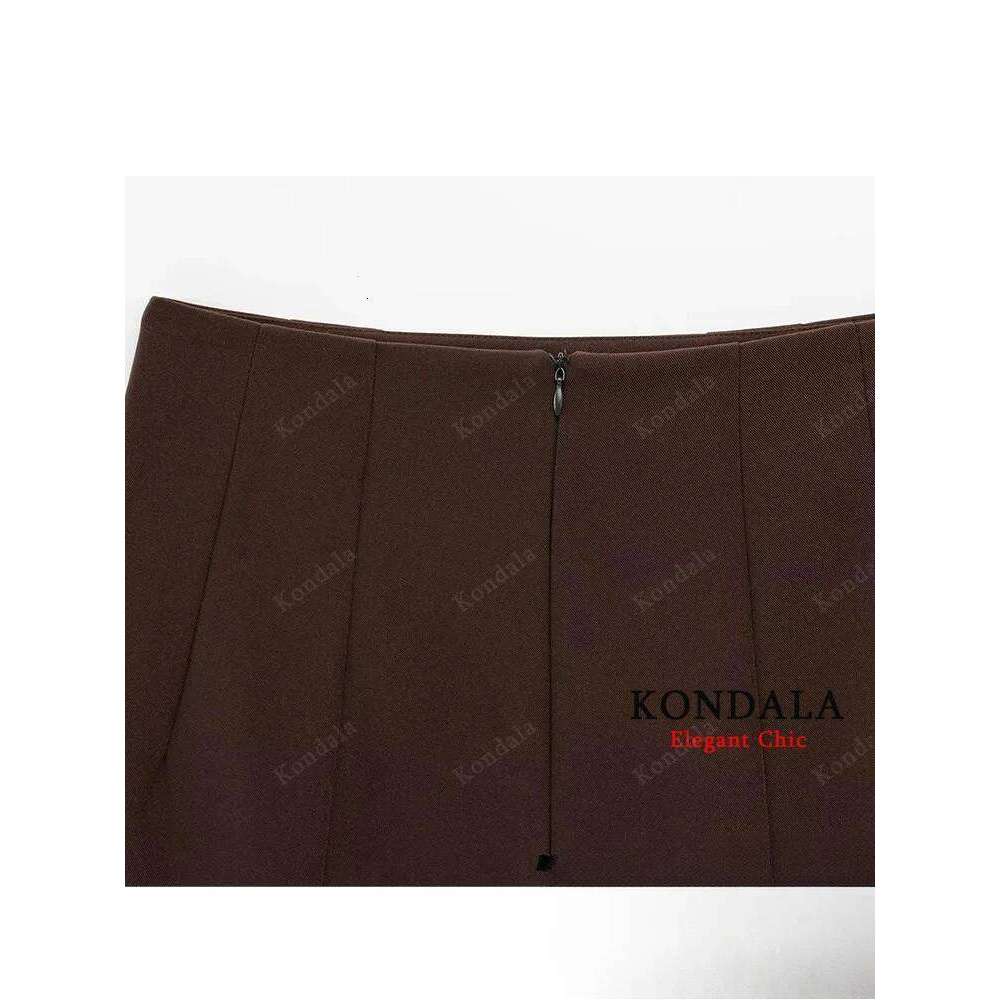 KONDALA Vintage Casual Women Brown Solid Zipper Slim Short New Fashion 2025 Spring Summer Holiday Mini Female Skirt Z260314