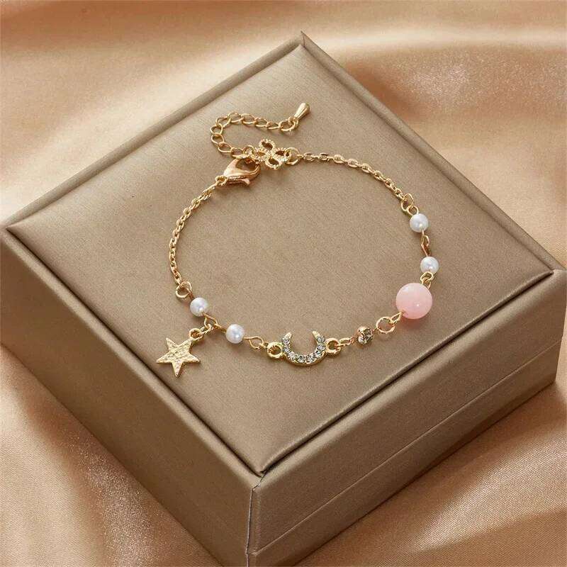Girls Gold Color Zircon Star Moon Pearl Bracelet Simple Geometric Fashion Women Chain Bracelets Charming Elegant Jewelry Gift Z260313