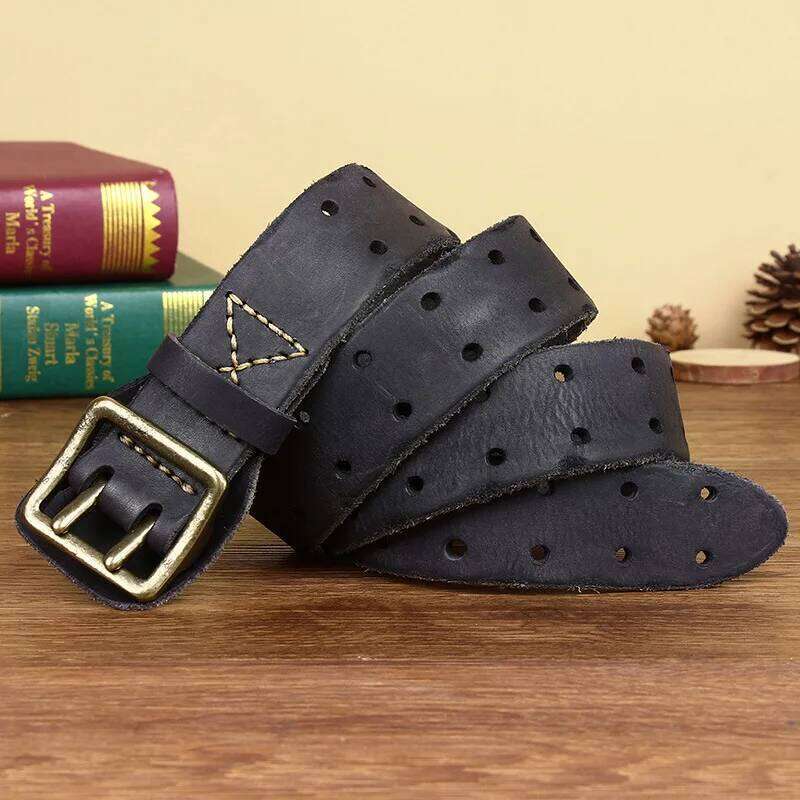 2025 Men 2 Pin Buckle Top Real Full Grain Genuine Leather 38 mm Double Needle Casual Jeans Belt Z260226