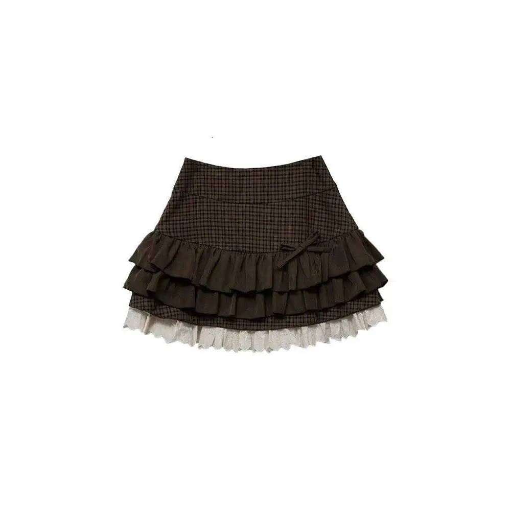 Kimutomo Mini Skirts Women Bow Lace Autumn Fashion Vintage Sweet Ruffles Patchwork Female Casual Cake Skirt Z260314