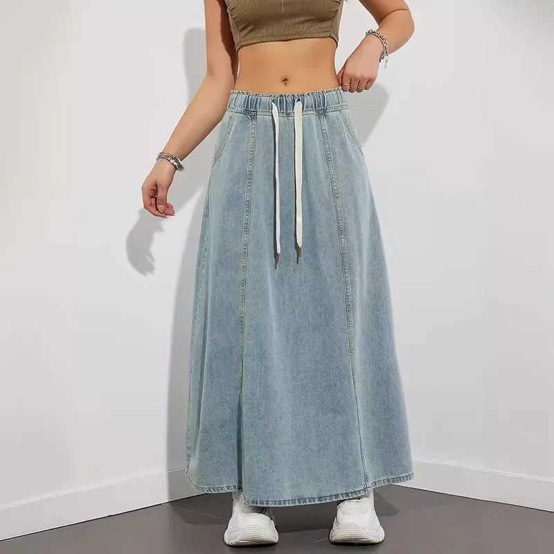 DongCMY Womens Denim Long Skirts Elastic Waist Loose Solid Color High Waist Big Skirt Denim Skirt Women Casual Dress Streetwear M260314