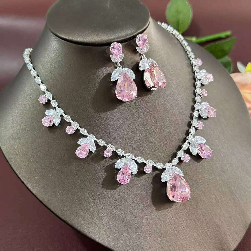 3PCS universal fashion trend zircon luxury necklace earrings pink tulip suit ins live burst wear skirt Z260313