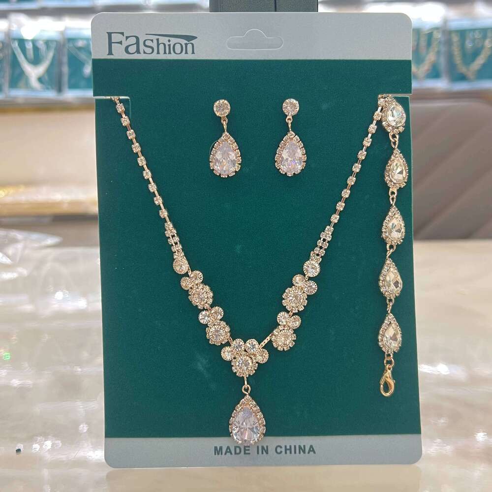 4PC Women's Fashion Copper Inlaid Claw Chain Water Drop Necklace Earrings Bracelet Set Suitable for Wedding, Party, Festival Gif Z260313