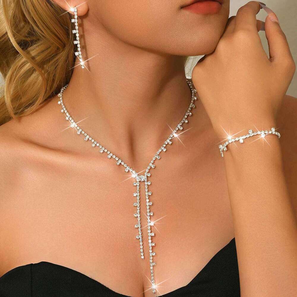 Black Rhinestone Tassel Jewelry Set Y-Necklace Earrings Ring Bracelet Evening Party Shiny Accessories Z260313