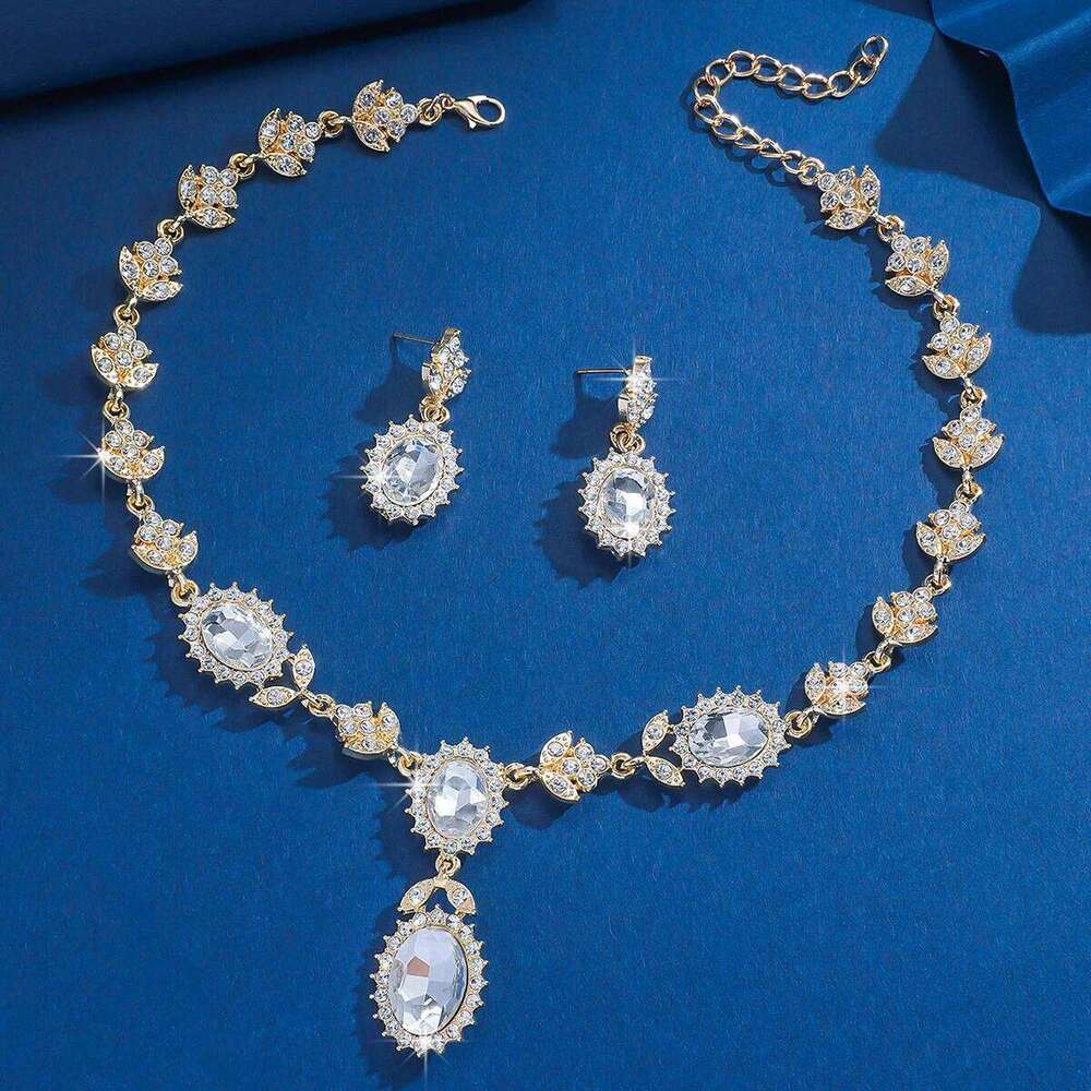 3PC women's fashionable geometric inlaid rhinestone necklace earring set, suitable for parties and holiday gifts Z260313