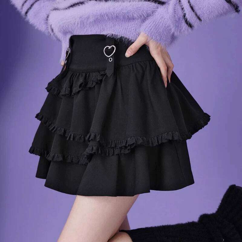 Black Fairy Skirts Women High Waist Slim A-line 2025 Japanese Patchwork Ruffled Woman Fashion Kawaii Mini Skirt Summer Sweet Z260314