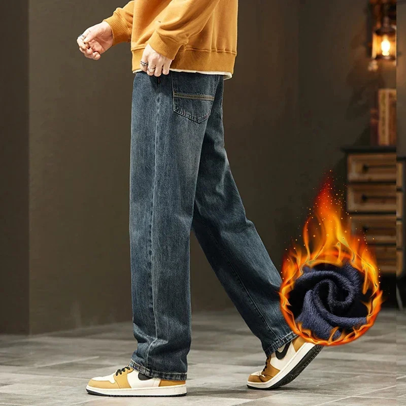 Thick Vintage Jeans Mens Winter Straight Warm Fleece Baggy Thermal Denim Trousers Fashion Korean Wide Male Plush Pants 260311