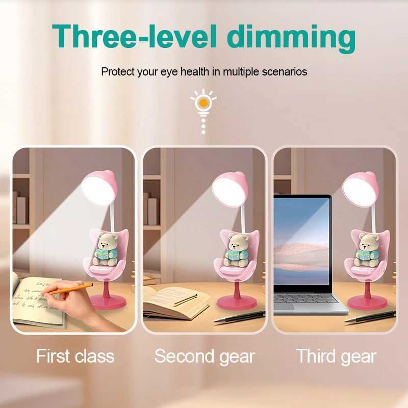Creative Cute Bear Flexible Led Study Desk Lamp with Phone Holder Bedside Color Adjust Table Lamp for Kids Student Room Y260314