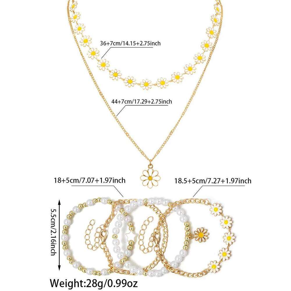 2-piece necklace+4-piece oil dripping daisy necklace imitation pearl chain bracelet versatile women's jewelry set Z260313