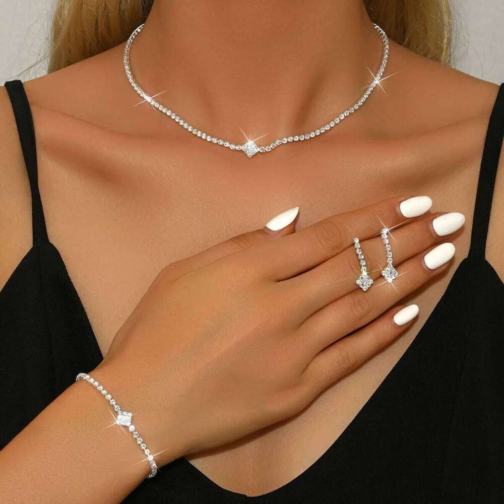 European and American Cross-Border Bridal Jewelry Set, Wedding Banquet Dress Accessories, Earrings, Bracelet, Necklace, Women's Three-Piece Set Z