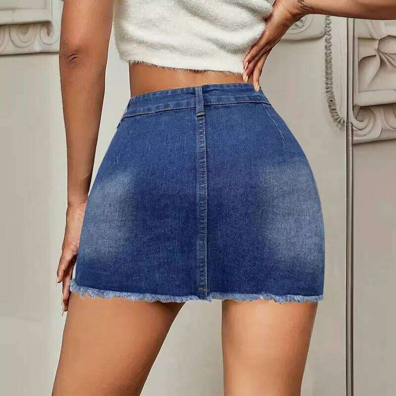 2026 Luxury Fashion Europe And The United States Burst Short Denim New Hole Slim-Fit Wrap Hip Skirt Z260314