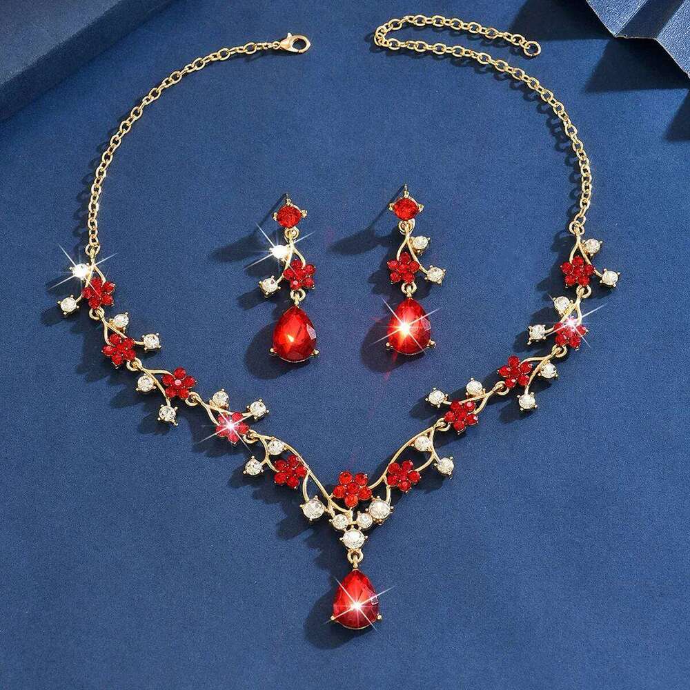Floral Teal Crystal Necklace Earrings Set Women's Party Jewelry Flower Vine Water Drop Pendant Bridal Wedding Accessories Z260313